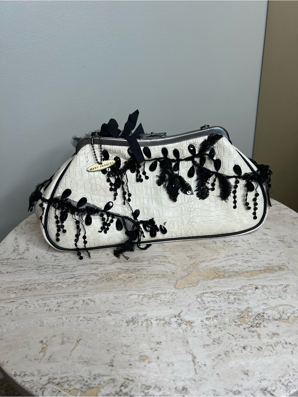 Black & White Floral Applique Evening Clutch - Picture 4 of 12